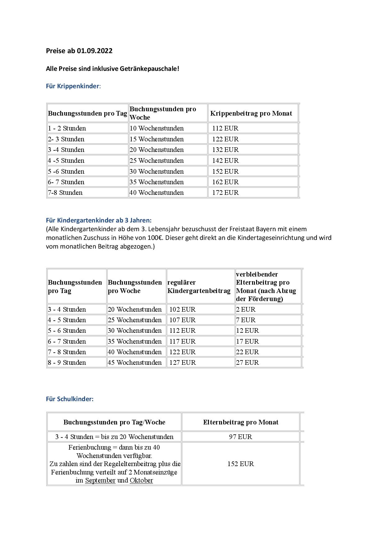 Preise ab 01.09.2022